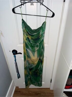 Green Marble-Print Slip Dress with Cowl Neck